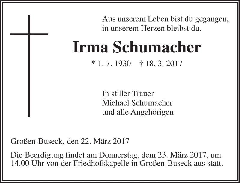  Traueranzeige für Irma Schumacher vom 22.03.2017 aus  Gießener Anzeiger