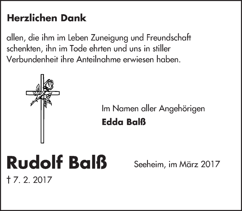  Traueranzeige für Rudolf Balß vom 04.03.2017 aus Trauerportal Echo Online