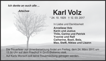 Traueranzeige von Karl Volz von Trauerportal Echo Online