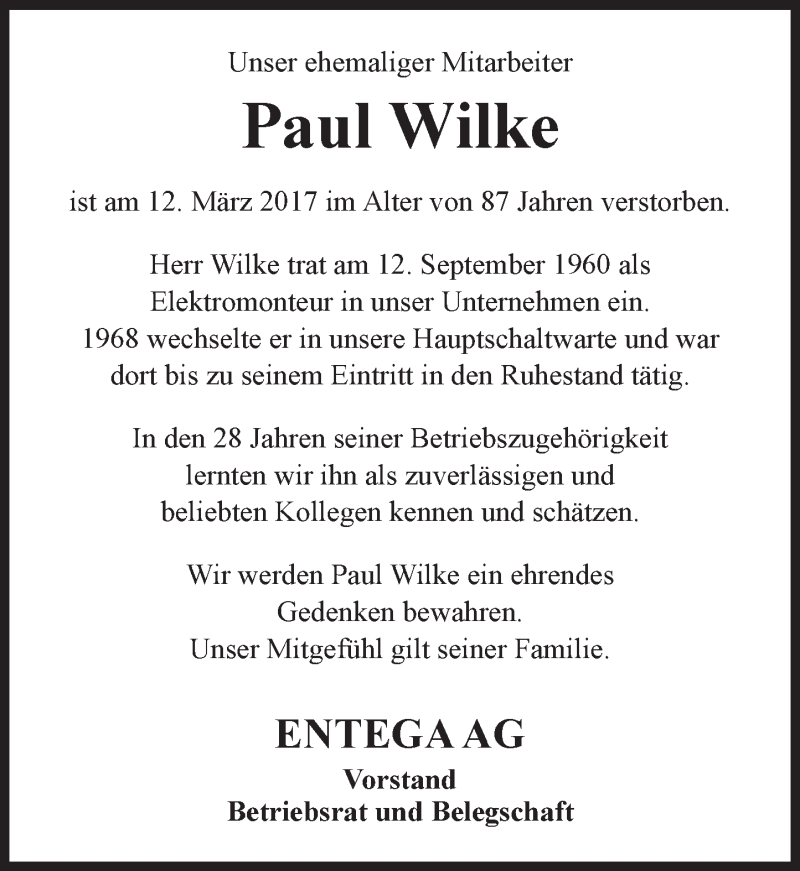  Traueranzeige für Paul Wilke vom 18.03.2017 aus Trauerportal Echo Online