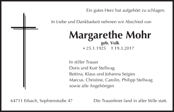 Traueranzeige von Margarethe Mohr von Trauerportal Echo Online