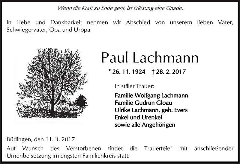  Traueranzeige für Paul Lachmann vom 11.03.2017 aus  Kreisanzeiger