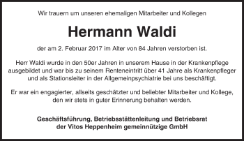Traueranzeige von Hermann Waldi von Trauerportal Echo Online