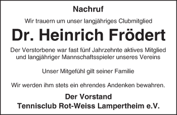 Traueranzeige von Heinrich Frödert von Trauerportal Echo Online