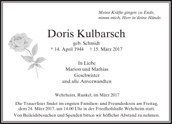 Traueranzeige von Doris Kulbarsch von  Usinger Anzeiger