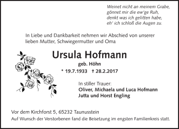 Traueranzeige von Ursula Hofmann von Trauerportal Rhein Main Presse