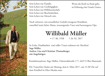 Traueranzeige von Willibald Müller von Trauerportal Echo Online