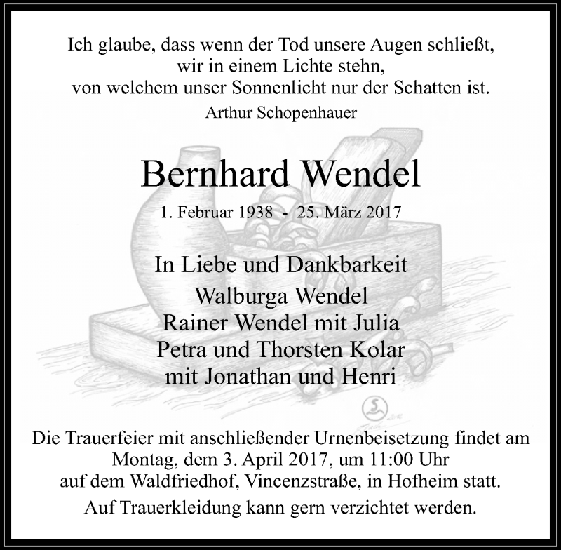  Traueranzeige für Bernhard Wendel vom 31.03.2017 aus Trauerportal Rhein Main Presse