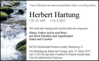 Traueranzeige von Herbert Hartung von Trauerportal Echo Online