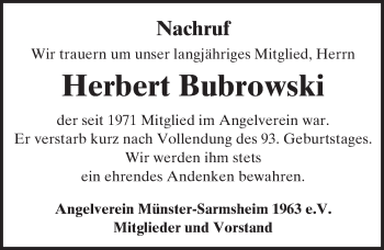 Traueranzeige von Herbert Bubrowski von Trauerportal Rhein Main Presse