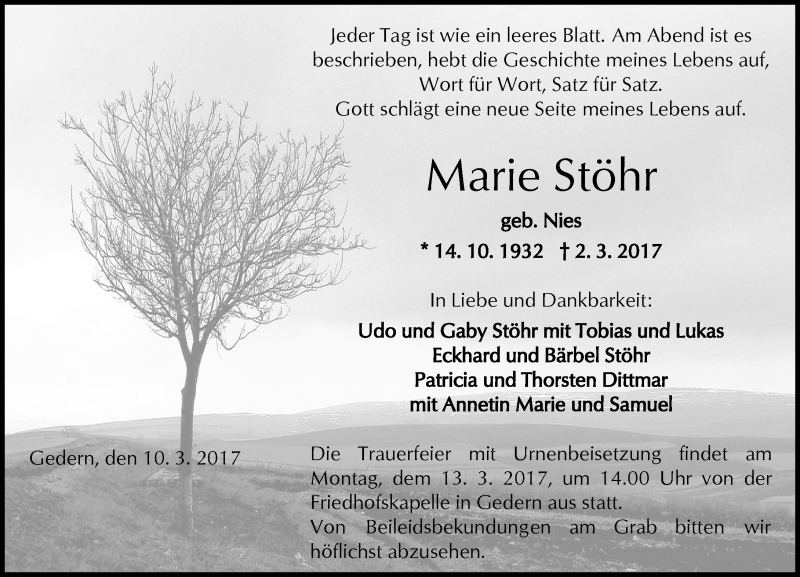  Traueranzeige für Marie Stöhr vom 10.03.2017 aus  Kreisanzeiger