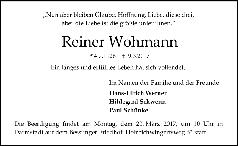  Traueranzeige für Reiner Wohmann vom 18.03.2017 aus Trauerportal Echo Online