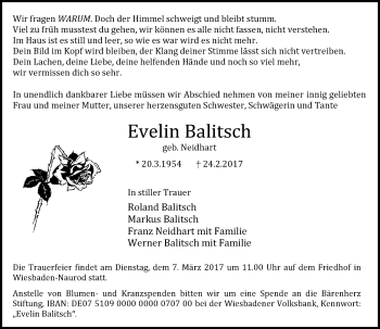 Traueranzeige von Evelin Balitsch von Trauerportal Rhein Main Presse