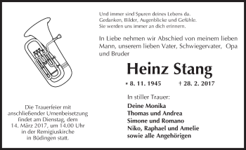 Traueranzeige von Heinz Stang von  Kreisanzeiger