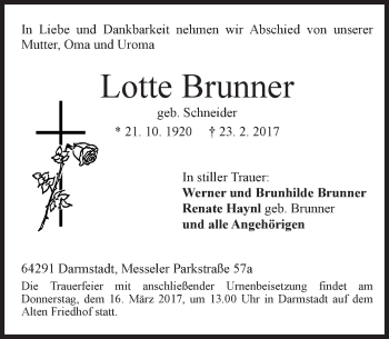 Traueranzeige von Lotte Brunner von Trauerportal Echo Online