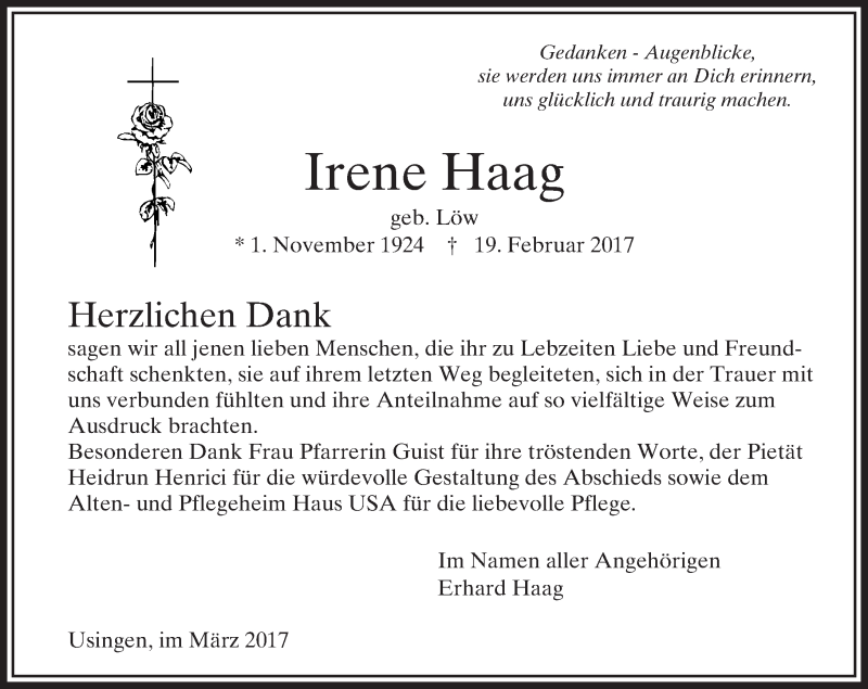 Traueranzeige für Irene Haag vom 18.03.2017 aus  Usinger Anzeiger