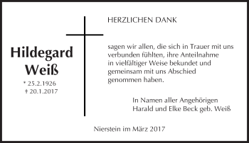 Traueranzeige von Hildegard Weiß von Trauerportal Rhein Main Presse