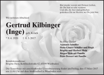 Traueranzeige von Gertrud Kilbinger von Trauerportal Rhein Main Presse