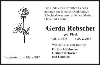 Traueranzeige von Gerda Rebscher von  Kreisanzeiger
