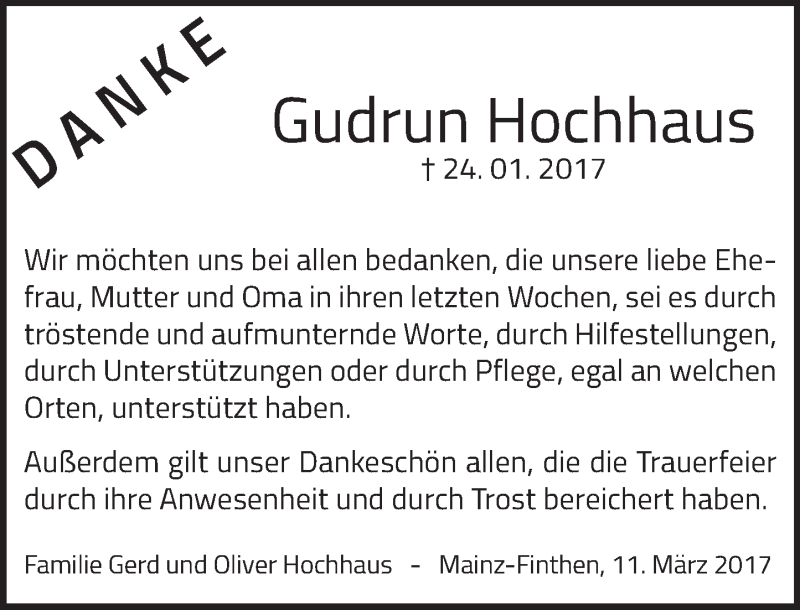  Traueranzeige für Gudrun Hochhaus vom 11.03.2017 aus Trauerportal Rhein Main Presse