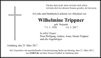 Traueranzeige von Wilhelmine Trippner von  Gießener Anzeiger