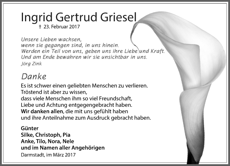  Traueranzeige für Ingrid Gertrud Griesel vom 25.03.2017 aus Trauerportal Echo Online