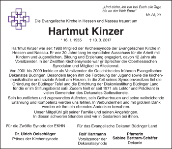 Traueranzeige von Hartmut Kinzer von  Kreisanzeiger