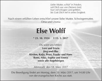 Traueranzeige von Else Wolff von  Kreisanzeiger