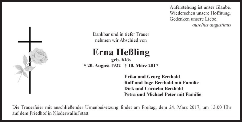  Traueranzeige für Erna Heßling vom 18.03.2017 aus Trauerportal Rhein Main Presse