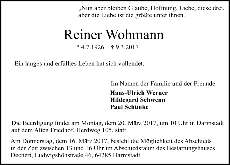 Traueranzeige für Reiner Wohmann vom 15.03.2017 aus Trauerportal Echo Online