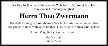 Traueranzeige von Theo Zwermann von  Usinger Anzeiger