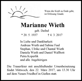 Traueranzeige von Marianne Wieth von  Gießener Anzeiger