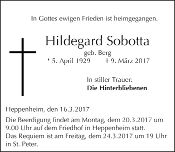 Traueranzeige von Hildegard Sobotta von Trauerportal Echo Online