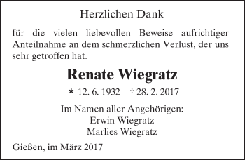 Traueranzeige von Renate Wiegratz von  Gießener Anzeiger