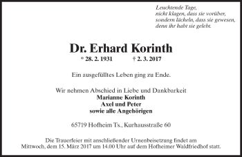 Traueranzeige von Erhard Korinth von Trauerportal Rhein Main Presse