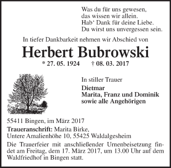 Traueranzeige von Herbert Bubrowski von Trauerportal Rhein Main Presse