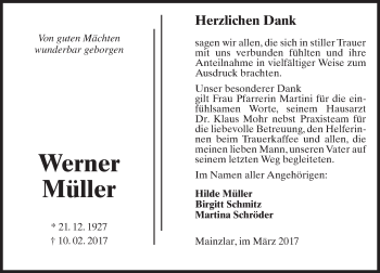Traueranzeige von Werner Müller von  Gießener Anzeiger