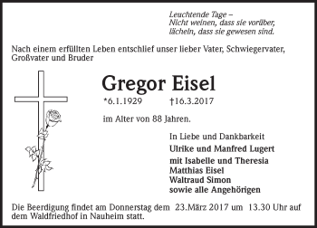 Traueranzeige von Gregor Eisel von Trauerportal Rhein Main Presse