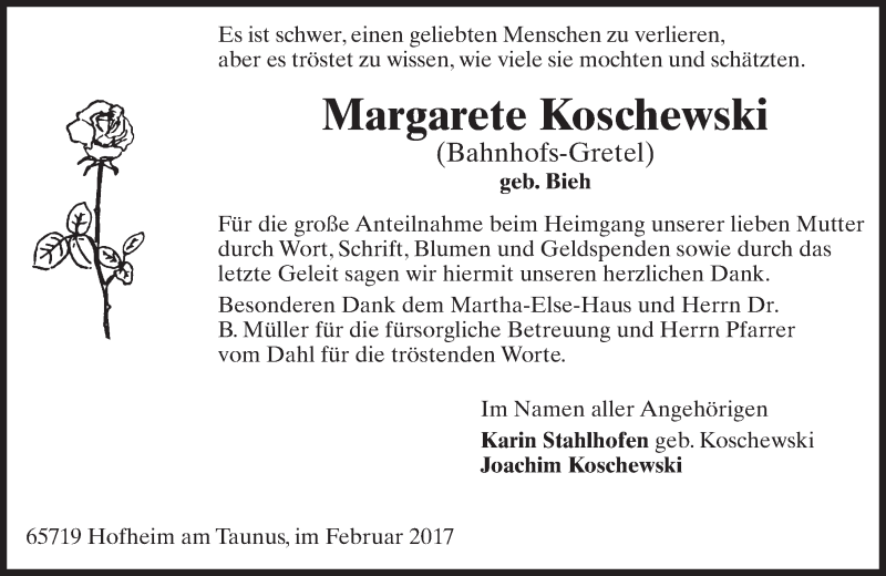  Traueranzeige für Margarete Koschewski vom 10.03.2017 aus Trauerportal Rhein Main Presse