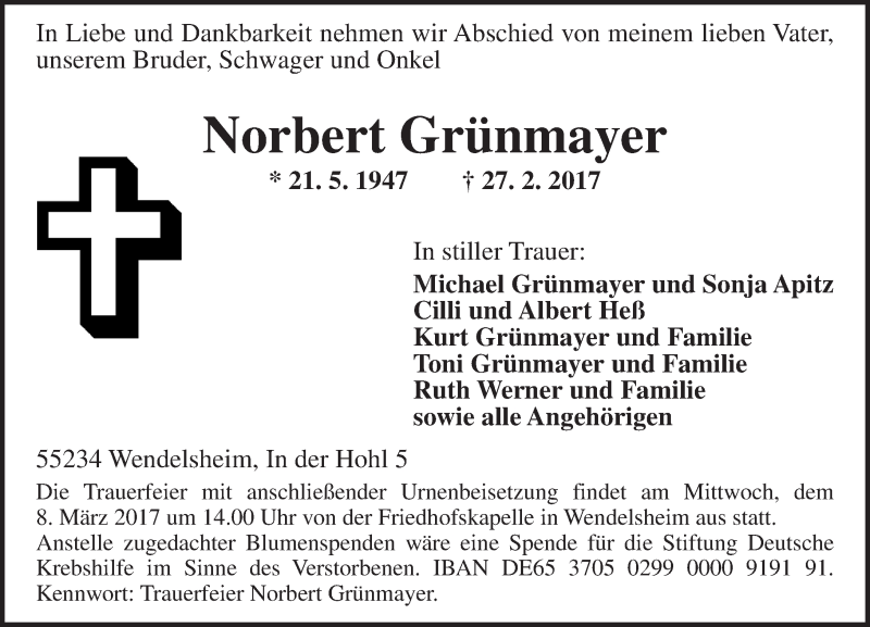  Traueranzeige für Norbert Grünmayer vom 04.03.2017 aus Trauerportal Rhein Main Presse