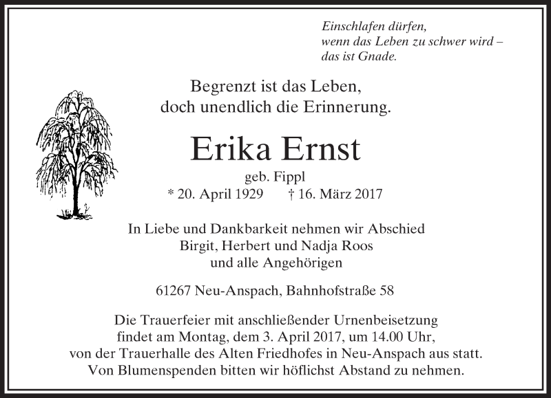  Traueranzeige für Erika Ernst vom 29.03.2017 aus  Usinger Anzeiger