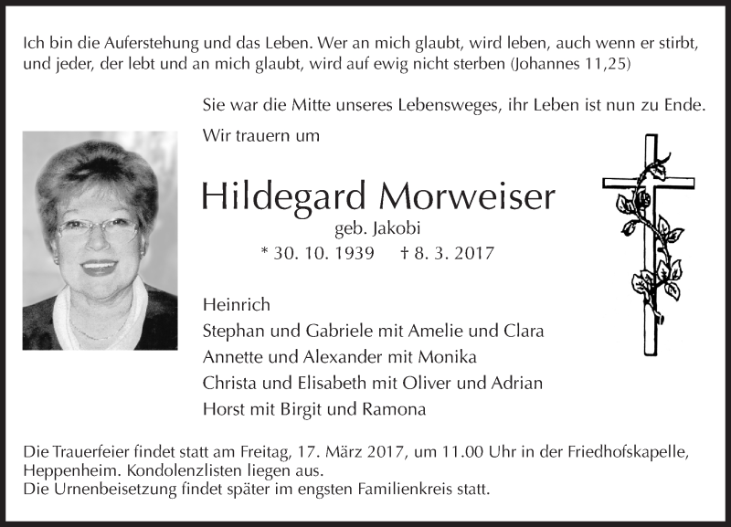  Traueranzeige für Hildegard Morweiser vom 11.03.2017 aus Trauerportal Echo Online