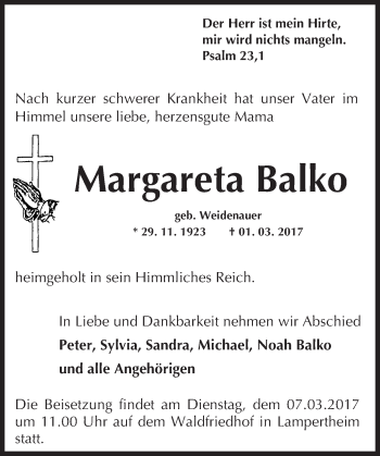 Traueranzeige von Margareta Balko von Trauerportal Echo Online