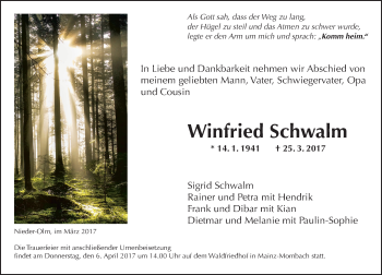 Traueranzeige von Winfried Schwalm von Trauerportal Rhein Main Presse