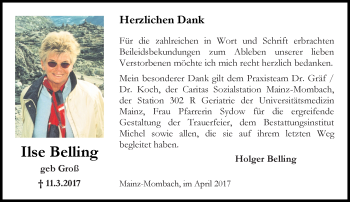 Traueranzeige von Ilse Belling von Trauerportal Rhein Main Presse