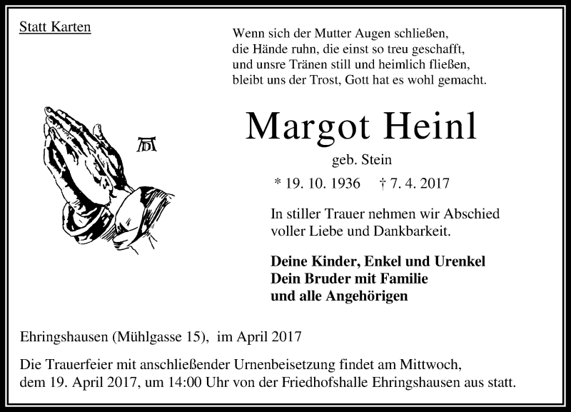  Traueranzeige für Margot Heinl vom 15.04.2017 aus VRM Trauer