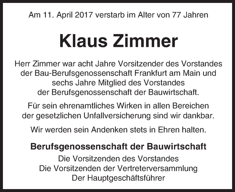 Traueranzeige für Klaus Zimmer vom 15.04.2017 aus Trauerportal Echo Online