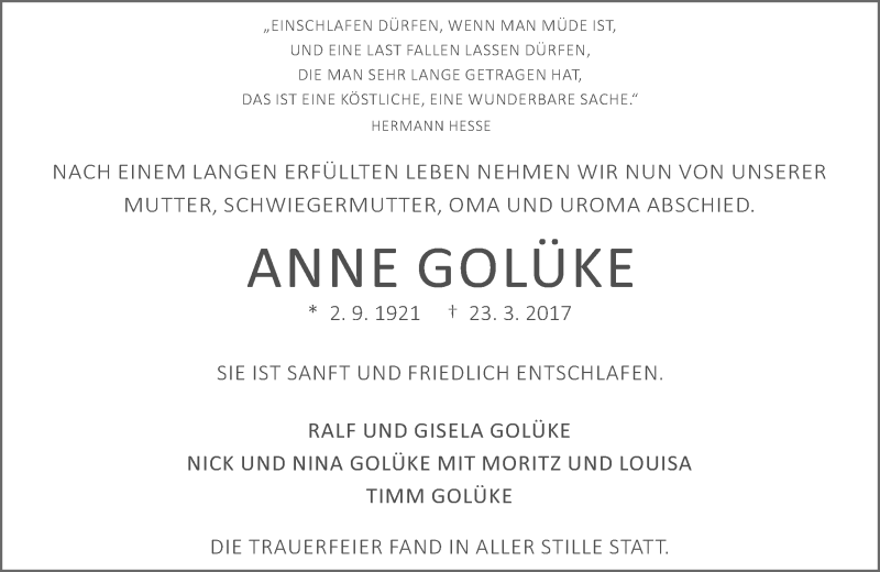  Traueranzeige für Anne Golüke vom 12.04.2017 aus Trauerportal Echo Online