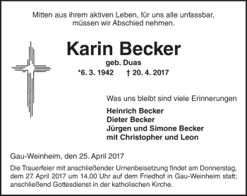 Traueranzeige von Karin Becker von Trauerportal Rhein Main Presse