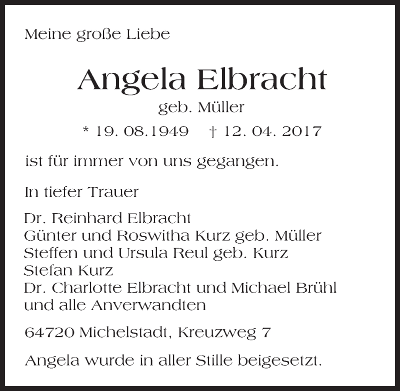  Traueranzeige für Angela Elbracht vom 22.04.2017 aus Trauerportal Echo Online